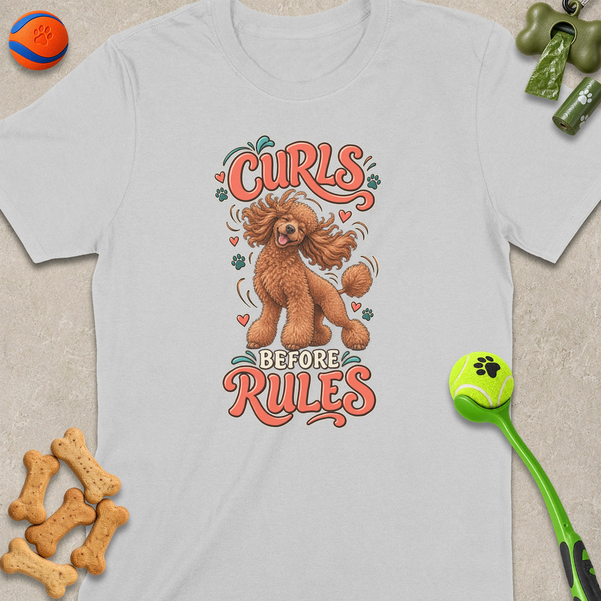 T-shirt with illustration of brown poodle and text "Curls Before Rules".