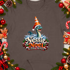 Nessie Noel graphic with Nessie wearing Santa hat and traffic cone.
