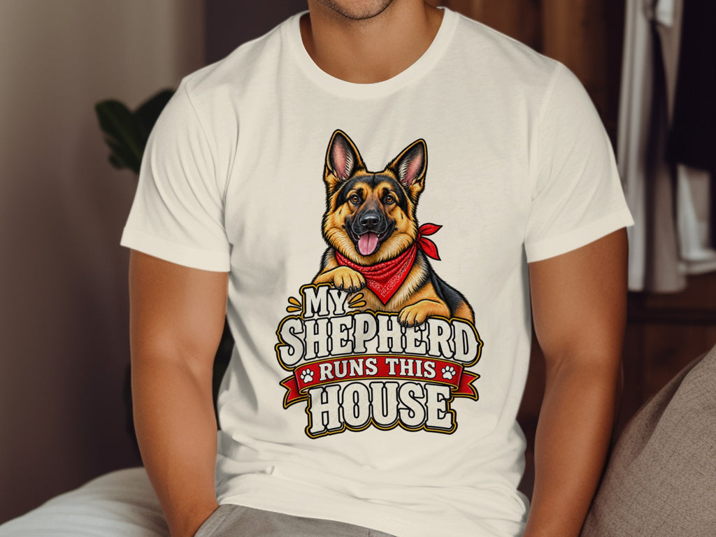 German Shepherd with red bandana and text "My Shepherd Runs This House" on t-shirt.