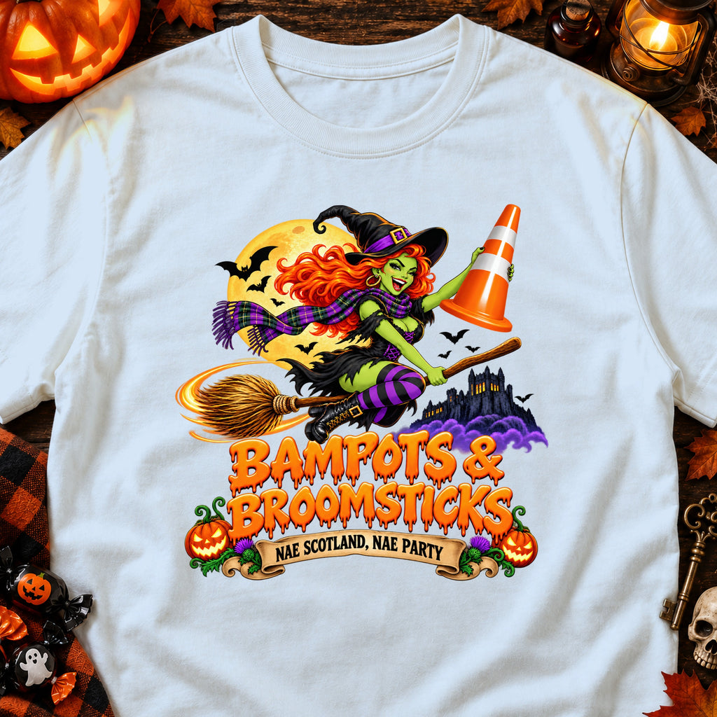 Witch with traffic cone on broomstick flying past haunted castle with text "Bampots & Broomsticks".