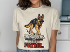 German Shepherd with K9 vest, text reads "Sit Happens, I Prefer Patrol."