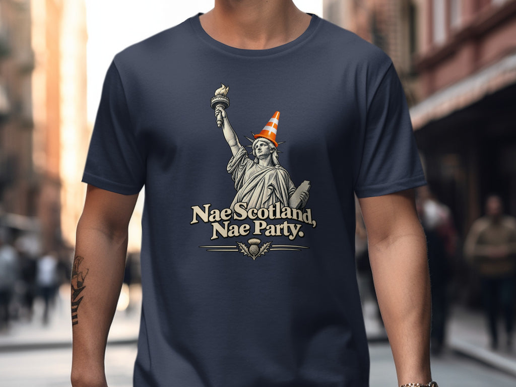 Statue of Liberty wearing traffic cone, with text "Nae Scotland, Nae Party."