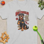 Illustration of a Rottweiler holding keys with text "MY ROTTWEILER RUNS THIS HOUSE".