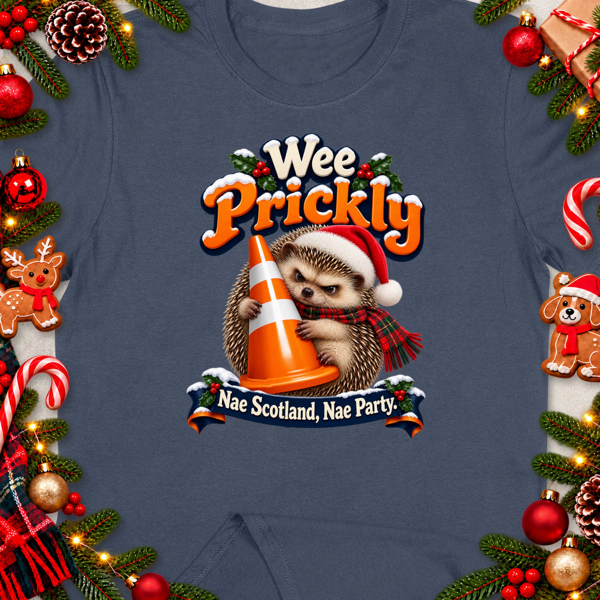 Hedgehog wearing Santa hat hugs traffic cone with text "Wee Prickly" and "Nae Scotland, Nae Party."