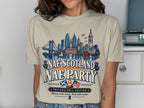 Cream t-shirt with Philadelphia skyline, "Nae Scotland Nae Party" text, and flags.
