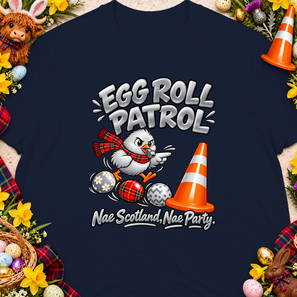 T-shirt graphic with cartoon chicken, Easter eggs, traffic cone, and text.