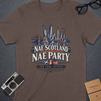 T-shirt with New York skyline graphic and "Nae Scotland Nae Party" text.