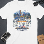 White t-shirt with "Nae Scotland Nae Party Denver Edition" graphic.