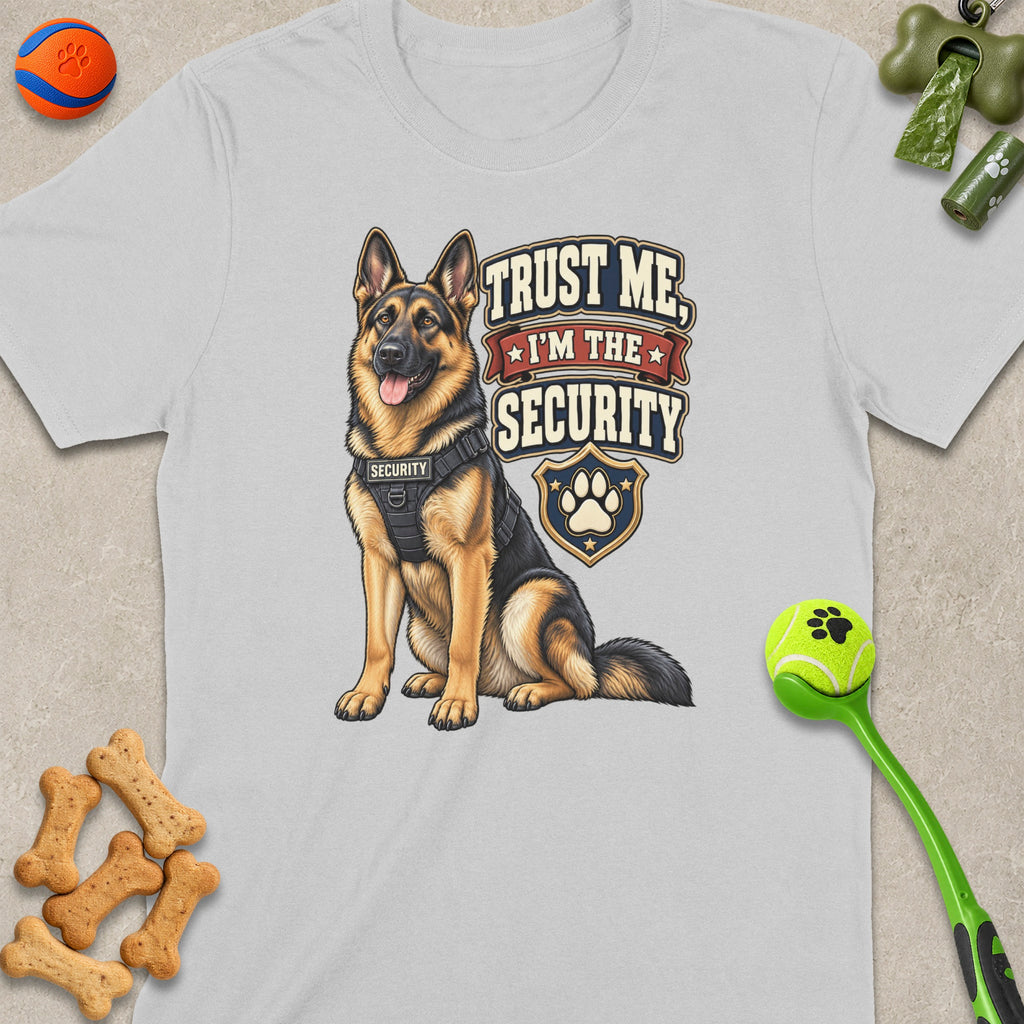 German Shepherd wearing security vest, "Trust me, I'm the security" text.