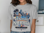 T-shirt graphic with Miami skyline, "Nae Scotland Nae Party" text, and flags.