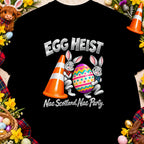 Two cartoon rabbits hold a traffic cone and an Easter egg with "Egg Heist" text.
