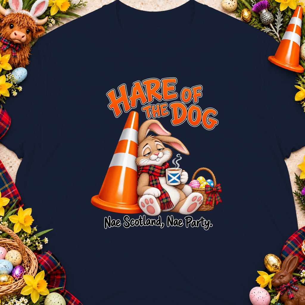 A bunny with a Scottish flag mug leans on a traffic cone with "Hare of the Dog" text.