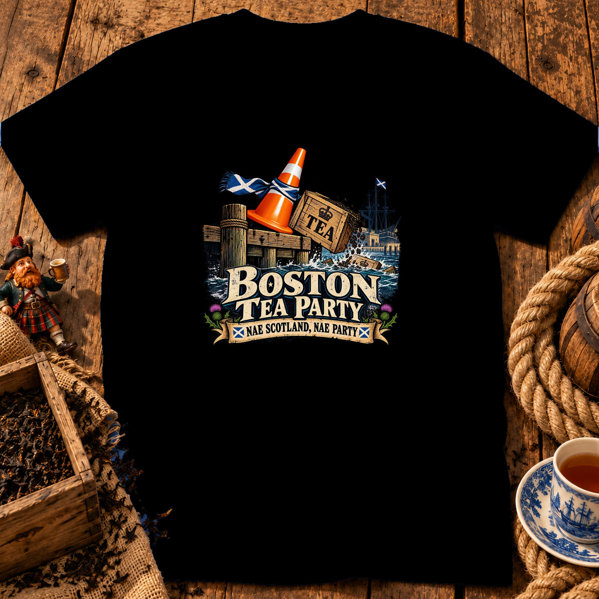 A black t-shirt features a graphic with a traffic cone wearing a Scottish scarf over a Boston Tea Party scene.