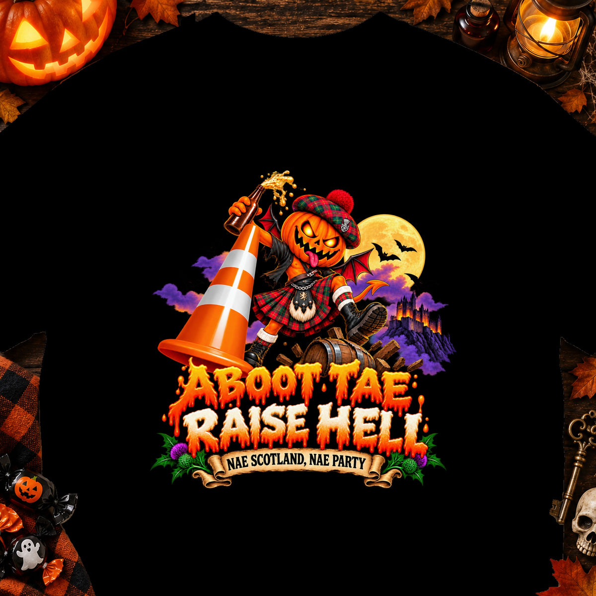 Halloween pumpkin character in kilt drinks from cone, "Aboot Tae Raise Hell" text.