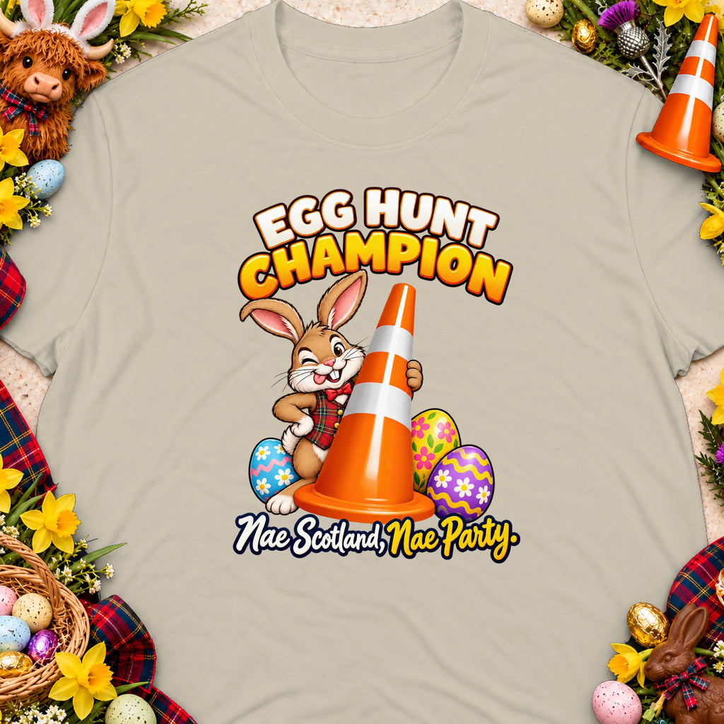 Cartoon rabbit holding orange traffic cone with "Egg Hunt Champion" text and Easter eggs.