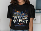 Black t-shirt with a graphic featuring Hollywood skyline, beach, and "Nae Scotland Nae Party Los Angeles Edition".