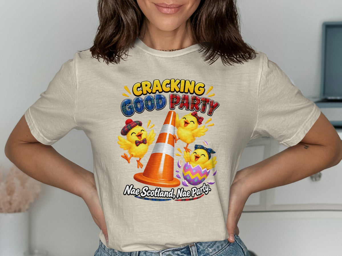Cracking Good Party graphic with chicks, traffic cone, and text.