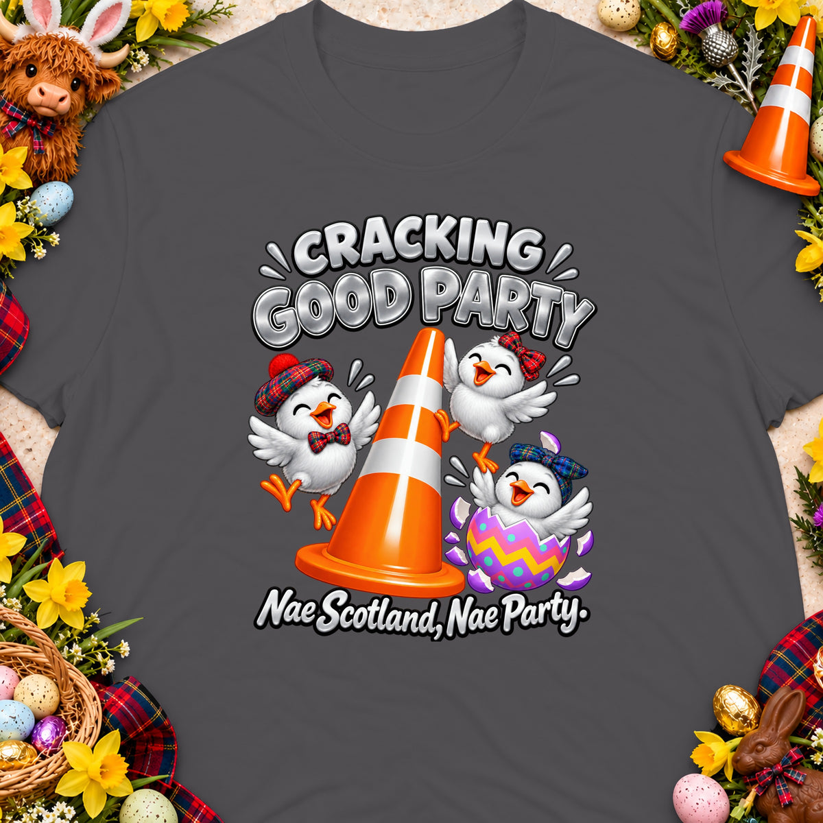 Three cartoon chicks celebrate around an orange traffic cone with "Cracking Good Party" text.