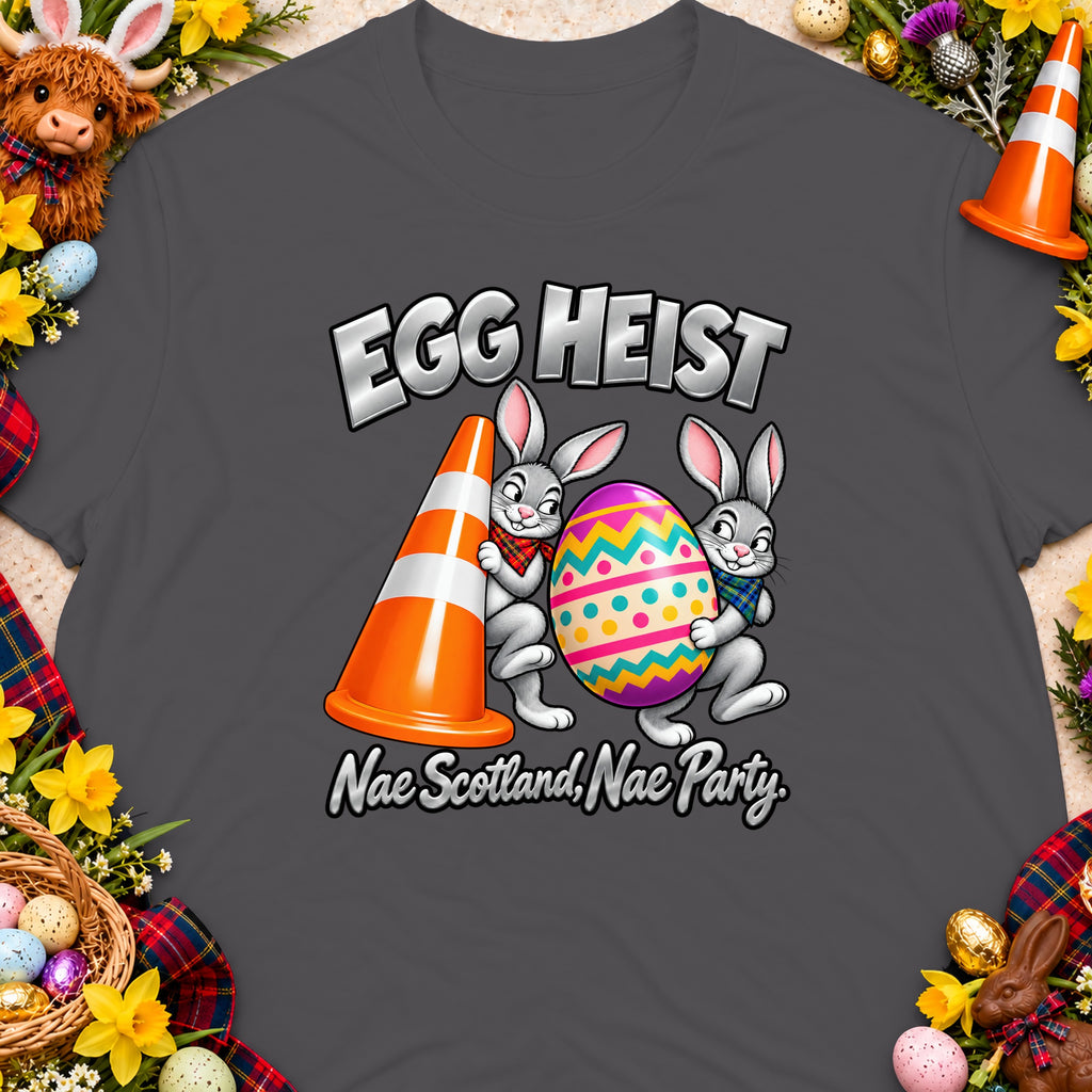 Easter graphic with two rabbits, a traffic cone, and a colorful egg.