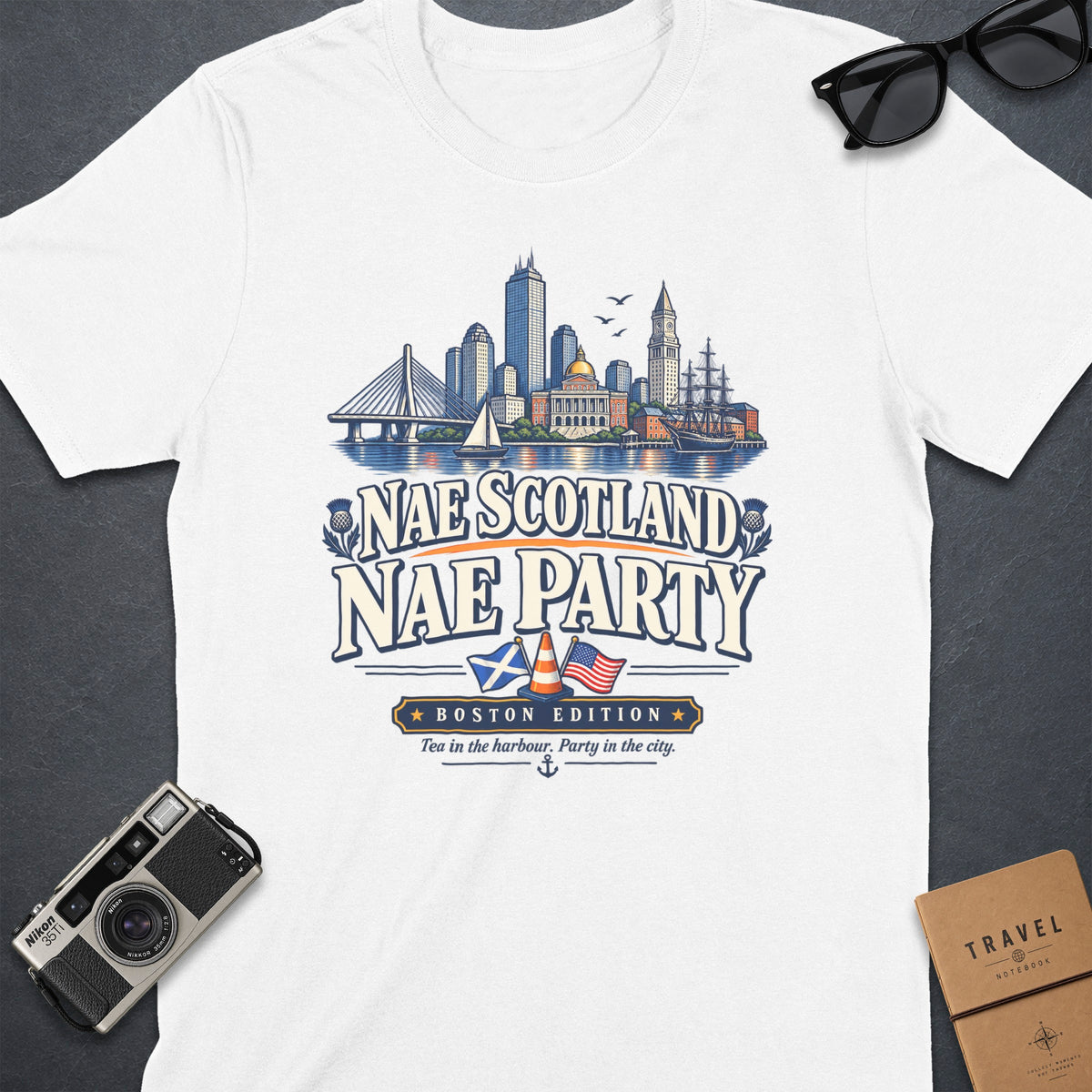 White t-shirt with "Nae Scotland Nae Party Boston Edition" text and city skyline.