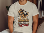 German Shepherd graphic with text "Shepherd Hair Don't Care" on a cream t-shirt.