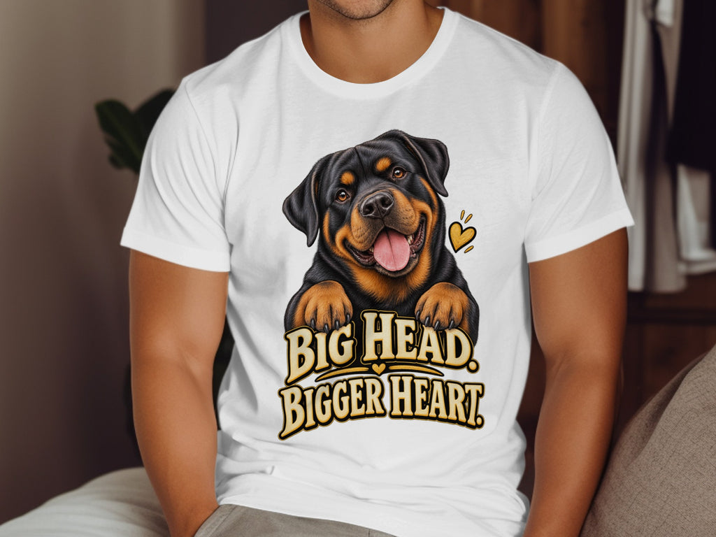 Rottweiler graphic with text "BIG HEAD. BIGGER HEART." on a white t-shirt.