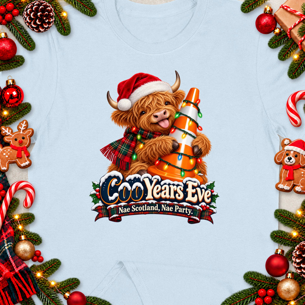 Highland cow in Santa hat with festive lights and "Coo Years Eve" text.