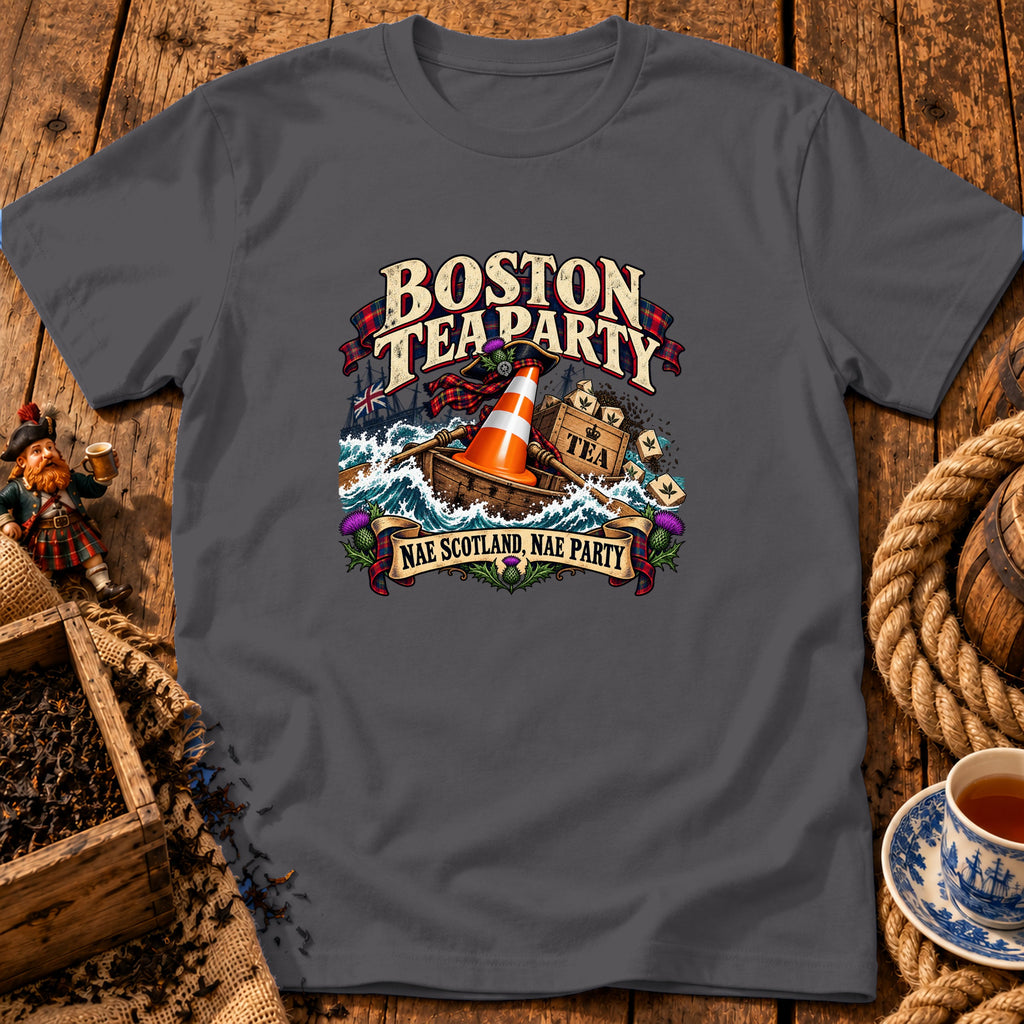 A dark grey t-shirt featuring a Boston Tea Party graphic with a traffic cone in a boat.