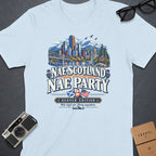 Light blue t-shirt with "Nae Scotland Nae Party Denver Edition" text and Denver skyline.