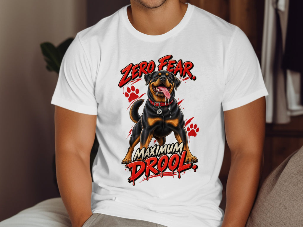Rottweiler on white t-shirt with "Zero Fear Maximum Drool" text and paw prints.