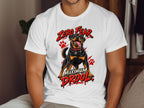 Rottweiler on white t-shirt with "Zero Fear Maximum Drool" text and paw prints.