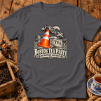 Charcoal gray t-shirt featuring a Boston Tea Party graphic with a traffic cone and Scottish elements.