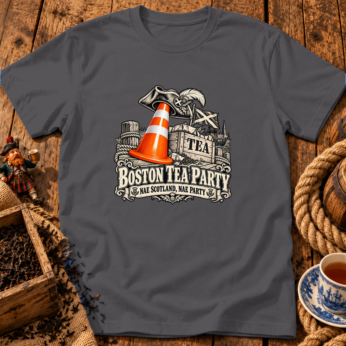 Charcoal gray t-shirt featuring a Boston Tea Party graphic with a traffic cone and Scottish elements.