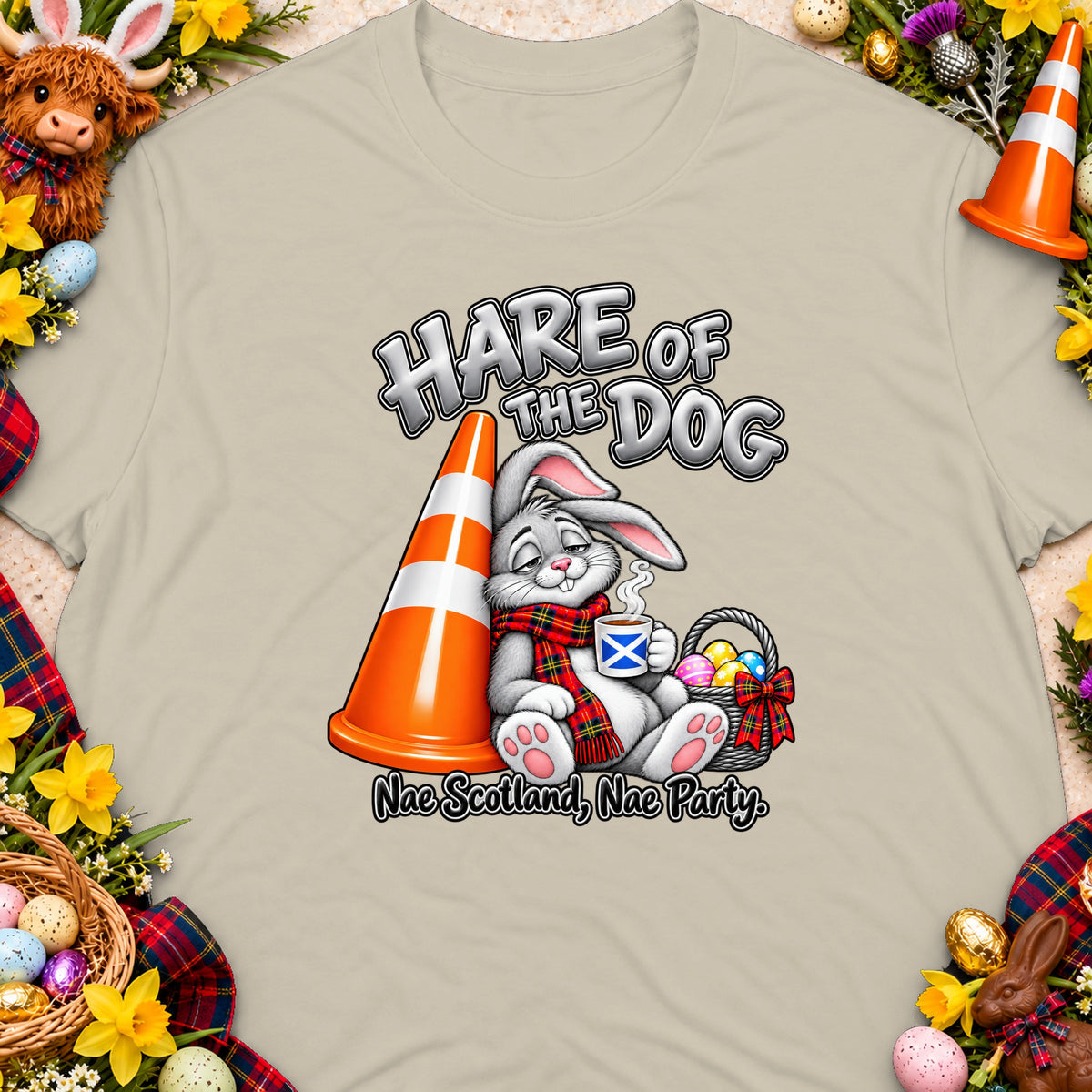 Hare of the Dog graphic with rabbit, traffic cone, coffee, and Easter eggs.