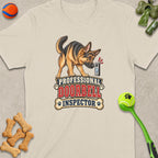German Shepherd shirt with "Professional Doorbell Inspector" text and dog paw graphics.
