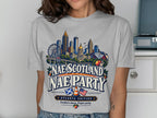 T-shirt graphic with Atlanta skyline, "Nae Scotland Nae Party", and "Atlanta Edition" text.
