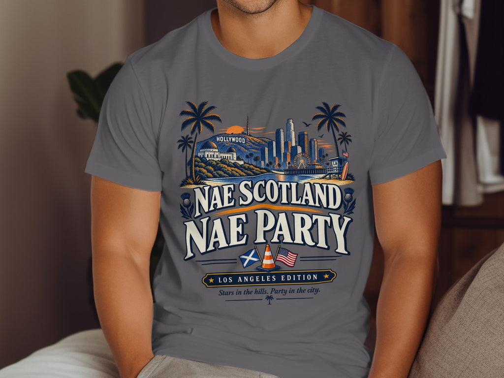 Los Angeles skyline with "Nae Scotland Nae Party" text and flags.