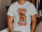 White t-shirt with illustration of poodle and text "Curls Before Rules".
