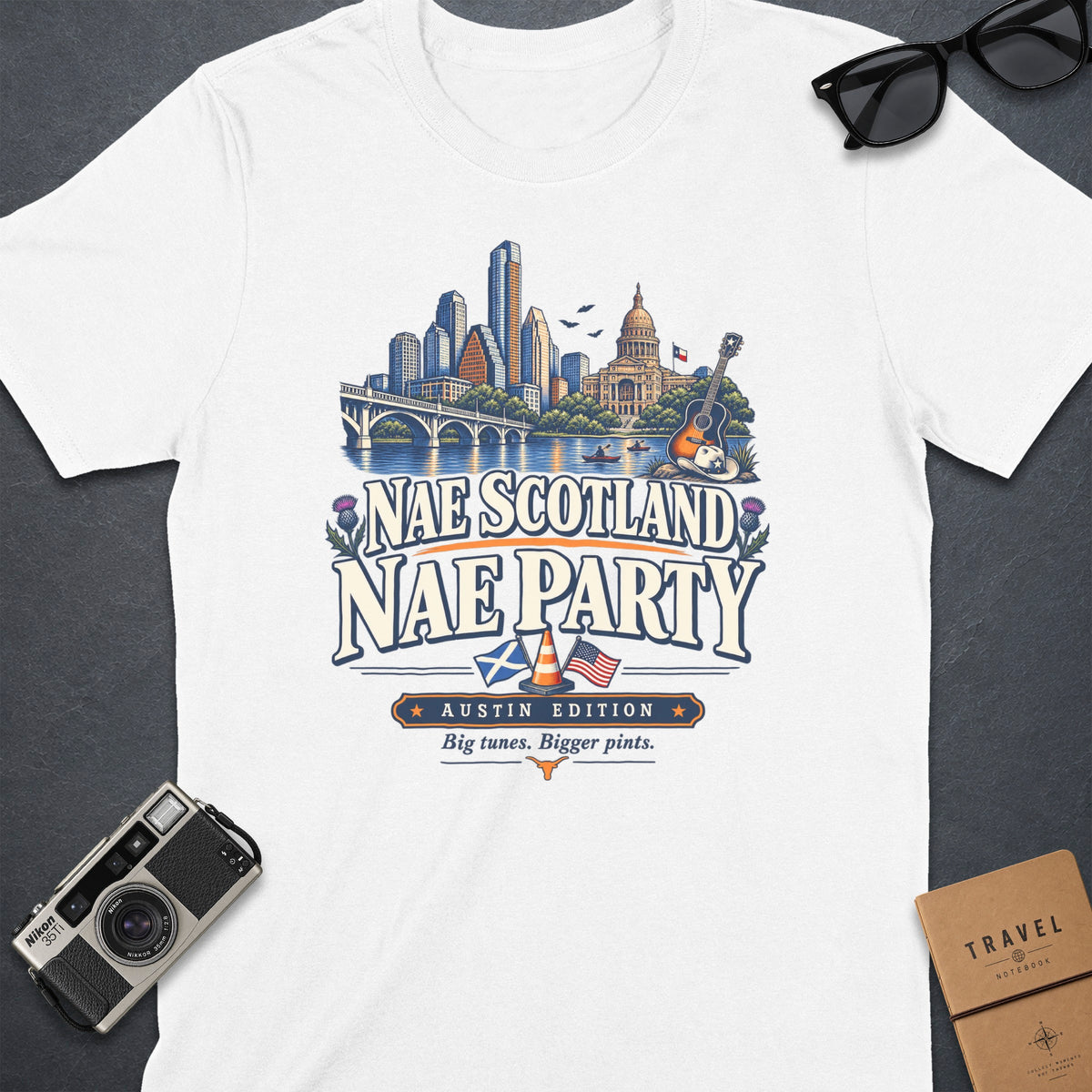 White t-shirt with "Nae Scotland Nae Party" and Austin skyline graphic.