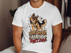 German Shepherd with "Shepherd Hair Don't Care" text and paw prints.