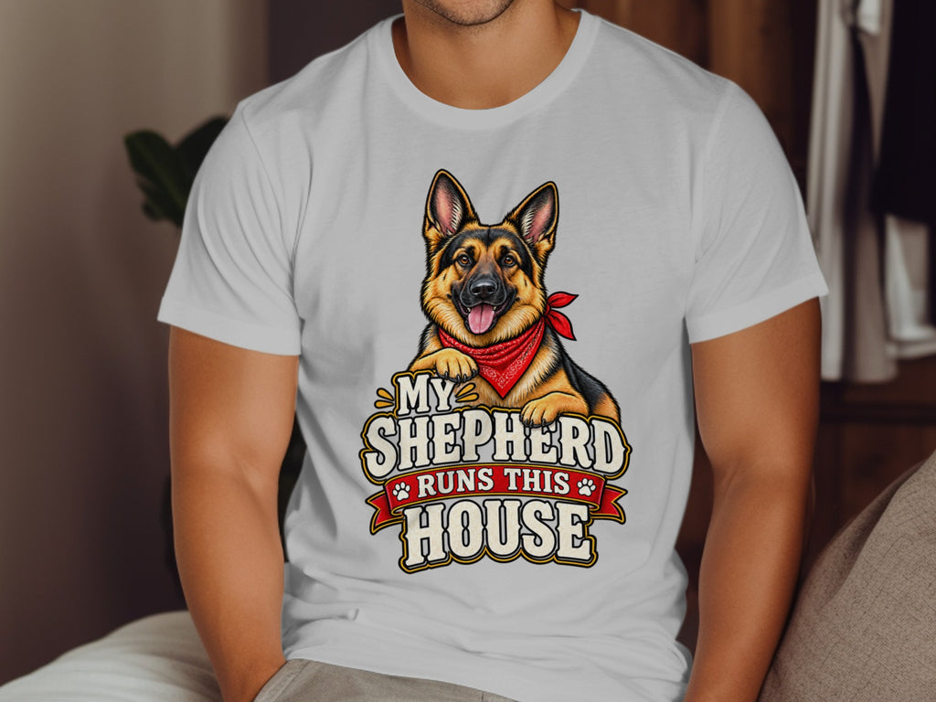 German Shepherd with red bandana and text "My Shepherd Runs This House".