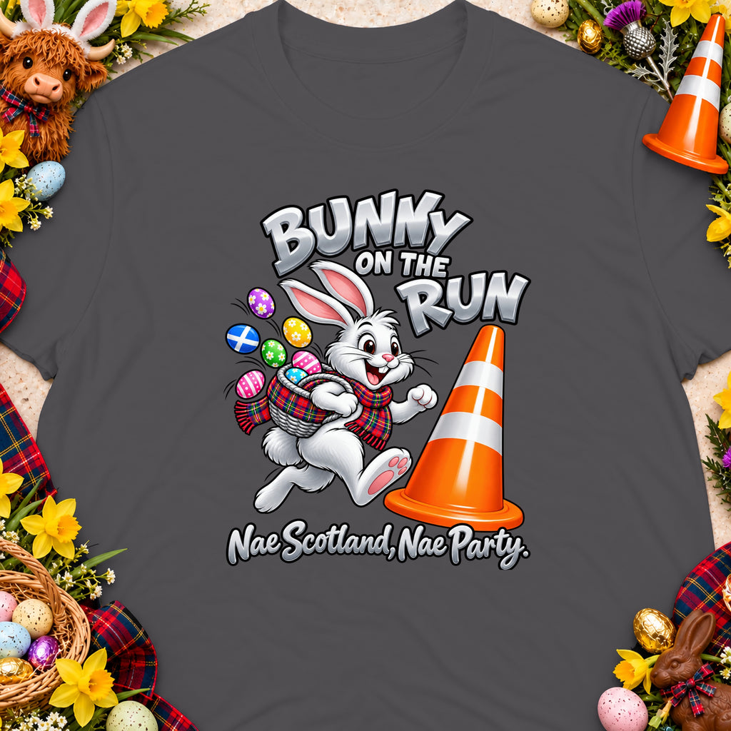 Cartoon bunny with Easter eggs and traffic cone, text "Bunny on the Run".