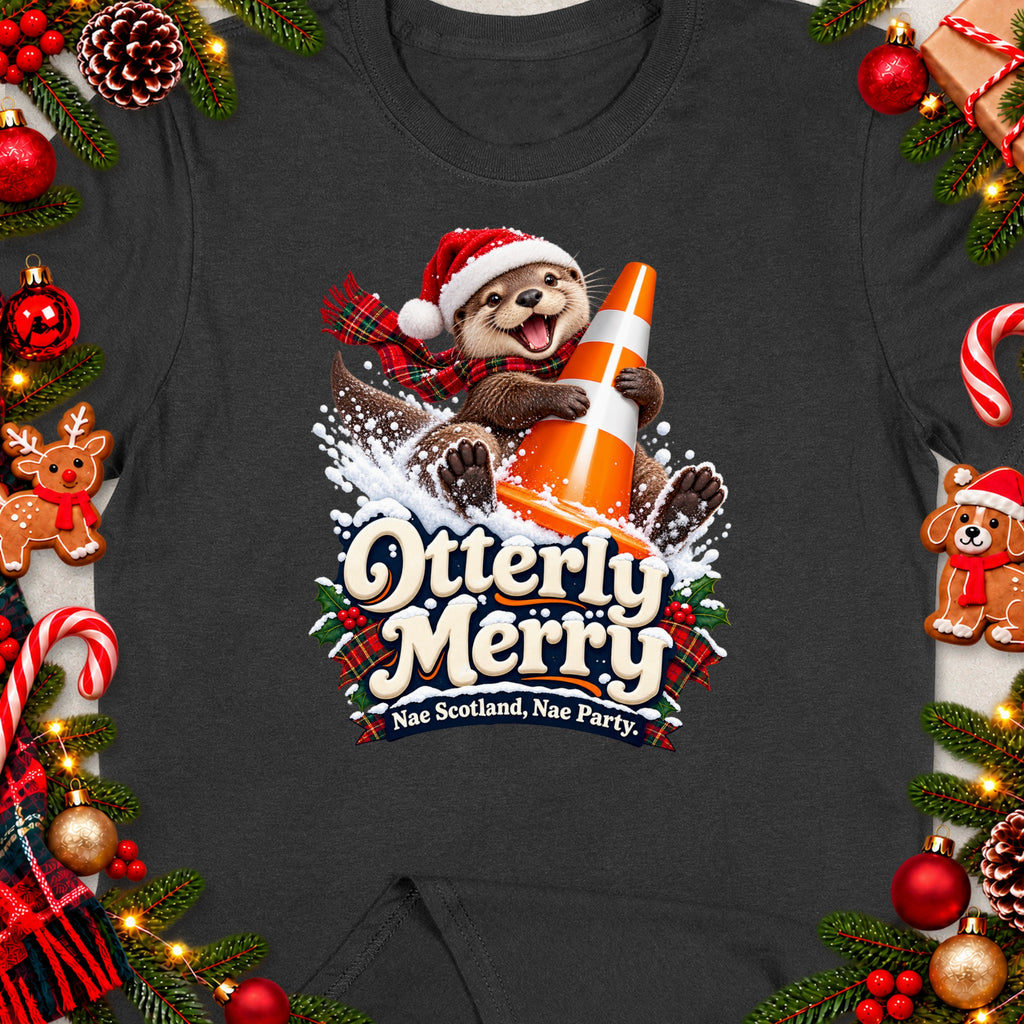 Christmas otter in Santa hat hugs traffic cone with "Otterly Merry" text.