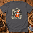 Charcoal grey t-shirt featuring a Boston Tea Party graphic with a traffic cone and Scottish flag.