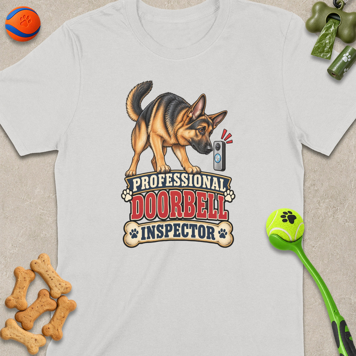 German Shepherd with doorbell graphic saying "Professional Doorbell Inspector."