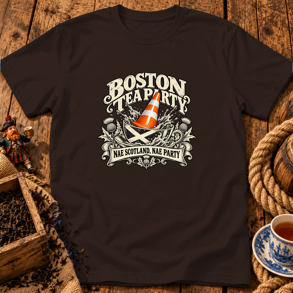 A brown t-shirt featuring a graphic with a teacup, traffic cone, and text reading Boston Tea Party Nae Scotland Nae Party.