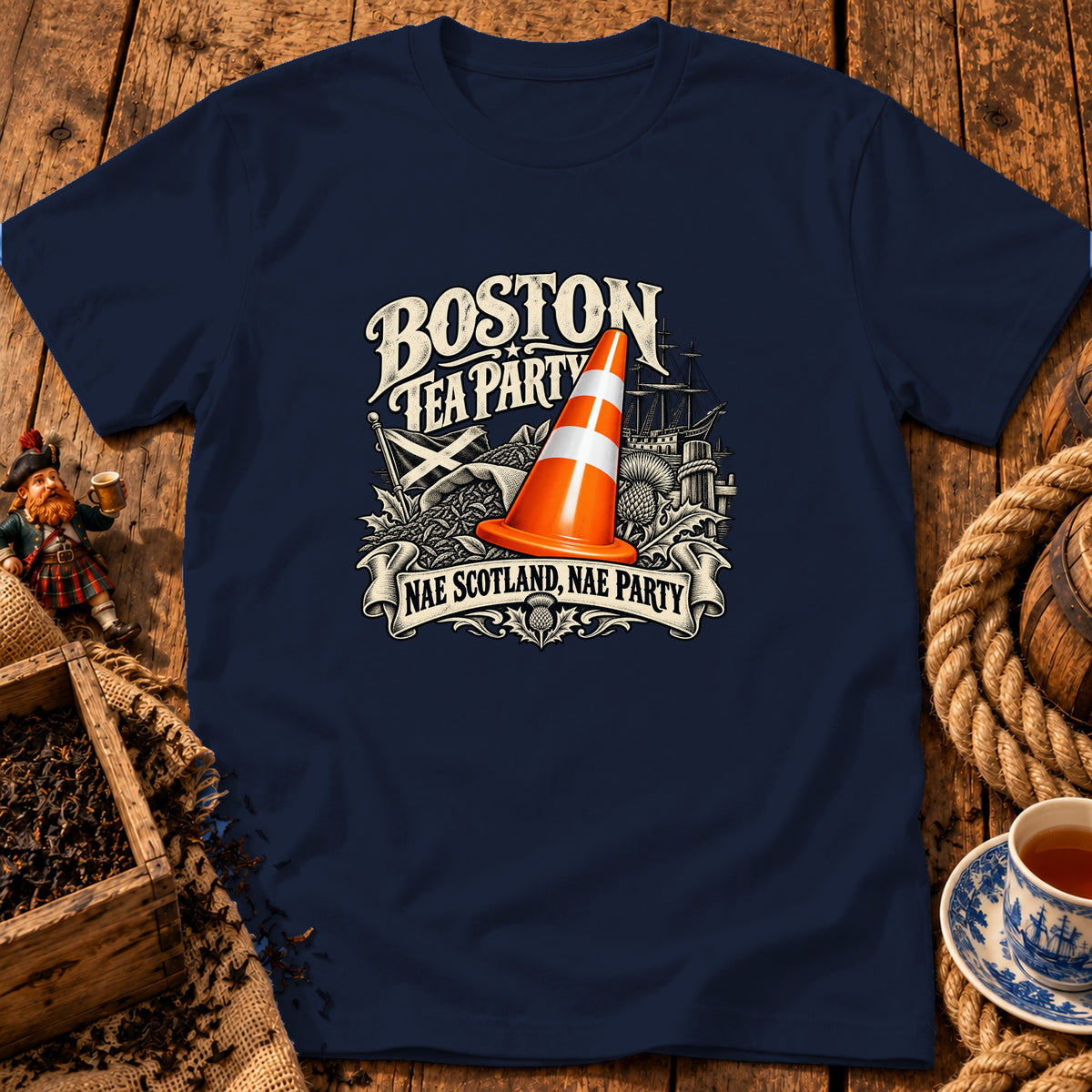 Navy t-shirt with graphic reading Boston Tea Party and Nae Scotland, Nae Party featuring a traffic cone.