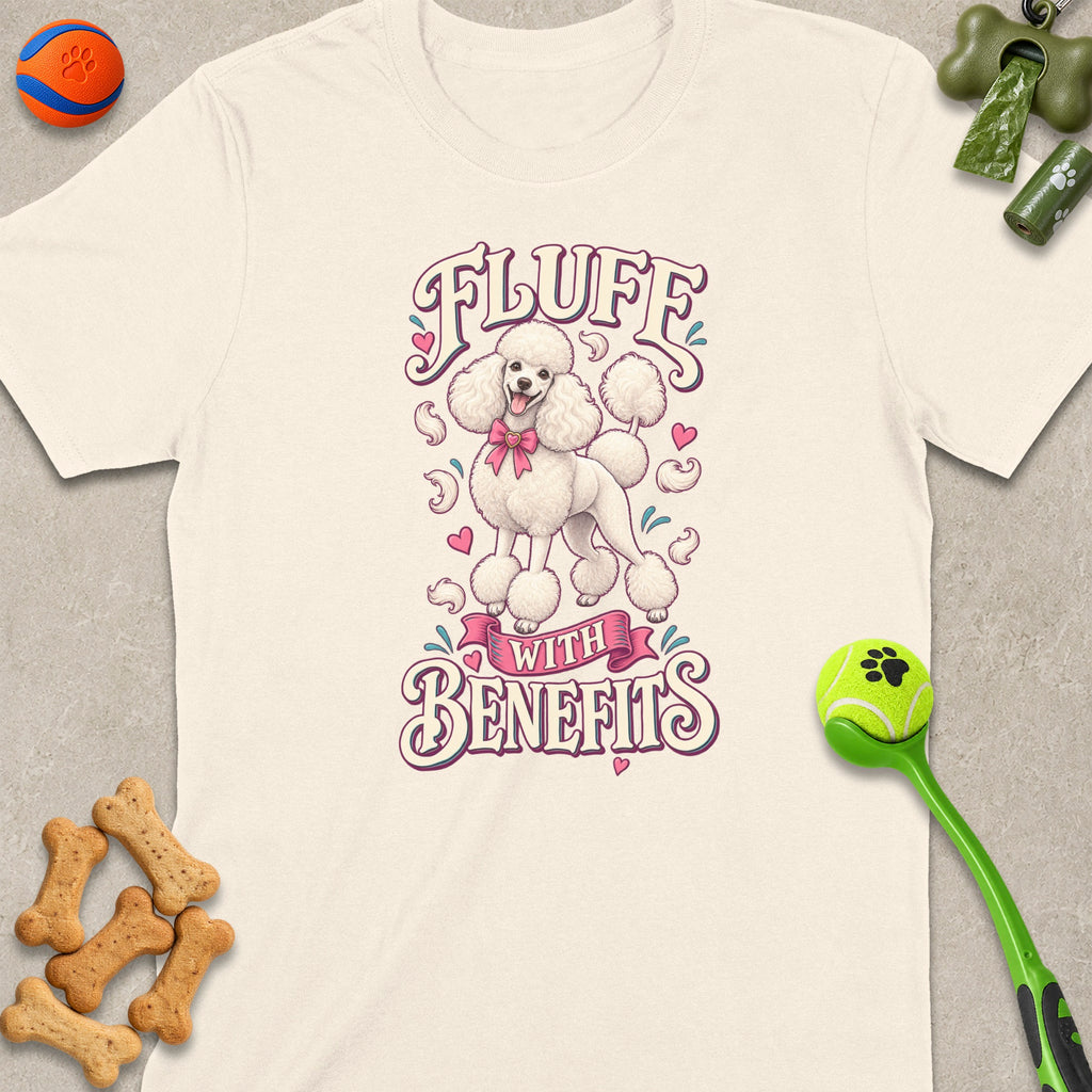 Cream t-shirt with white poodle graphic and text "FLUFF WITH BENEFITS".