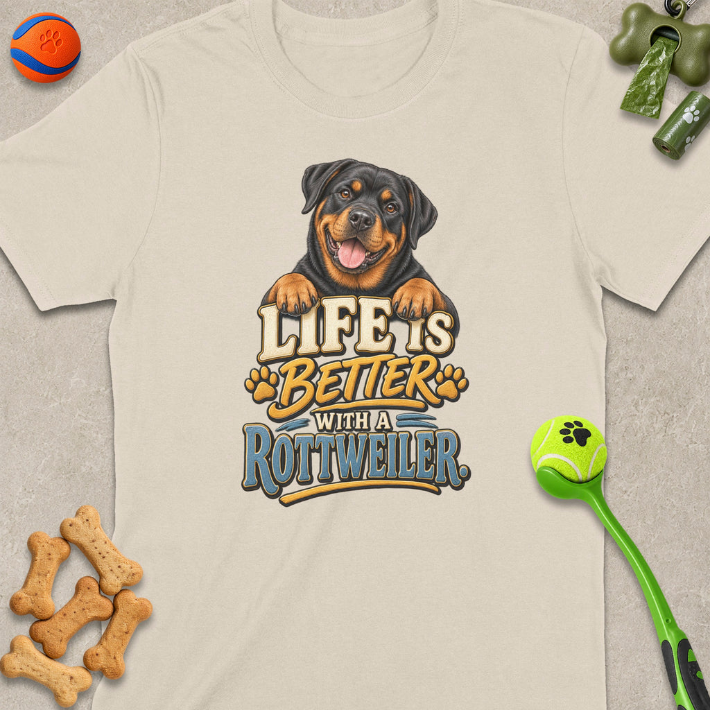 Light tan t-shirt with a Rottweiler graphic and text "Life is better with a Rottweiler".