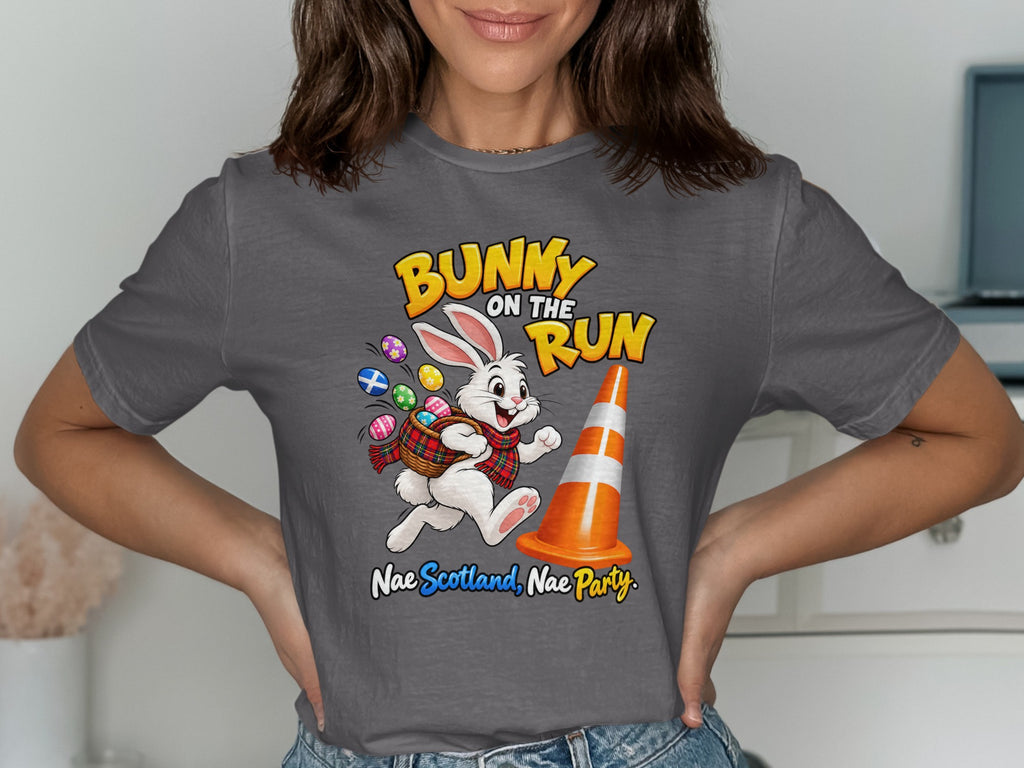 Bunny on the Run graphic with Easter eggs, a traffic cone, and text "Nae Scotland, Nae Party."